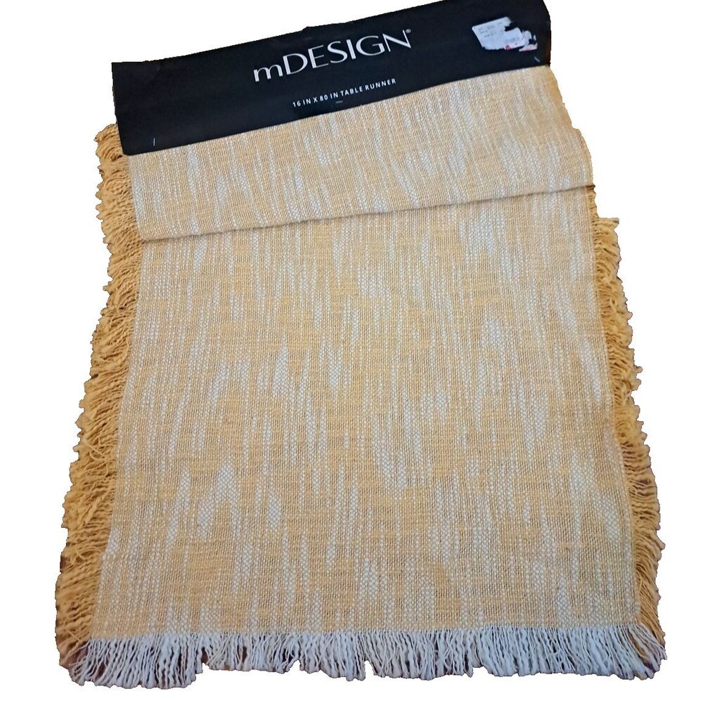NEW Yellow Woven Table Runner W Fringe Cotton Boho Cottage MDesign NWT 16x80